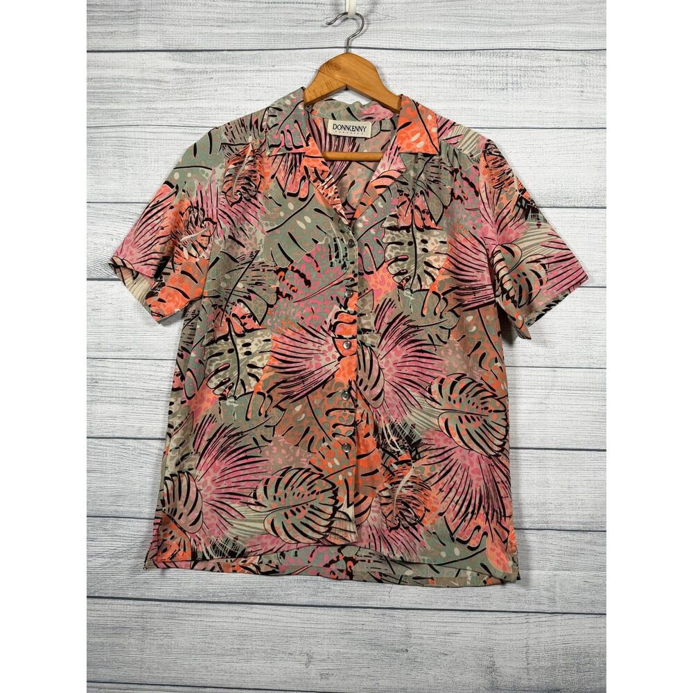 Donnkenny Classics Women's L Tropical Floral Short Sleeve Button Blouse 1465